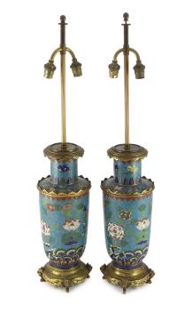 A pair of Chinese cloisonné enamel vases, 19th century with French gilt bronze lamp mounts